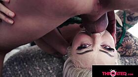 Tattooed blonde babe gags on monster cock in brutal deepthroat face-fuck frenzy