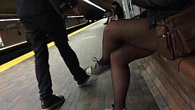 sexy pantyhose legs flash nylon stockings on public street tease