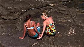 Two bisexual brazilians with pierced nipples lick pussies on voyeur beach