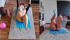 Curvy milfs double the fun spreading big asses in steamy naked yoga workout session