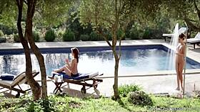 a peaceful outdoor setting with gentle mature lesbian kisses and caresses