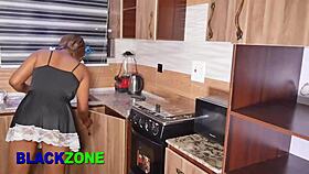 Curvy ebony babe bends over kitchen counter craving young cock close up