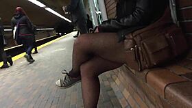 sexy pantyhose legs flash nylon stockings on public street tease