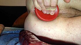 Beer bottle plunges into tight dildo assfucking