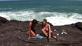 Two bisexual brazilians with pierced nipples lick pussies on voyeur beach