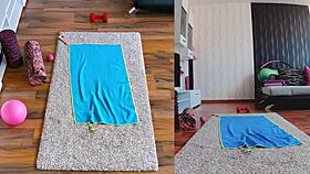 Curvy milfs double the fun spreading big asses in steamy naked yoga workout session