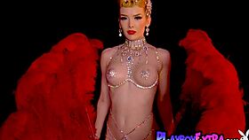 skinny big boobed blonde milf strips burlesque lingerie to reveal slutty pussy