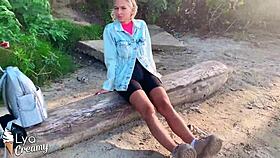 blonde babe slurps big cock sloppy handjob outdoor pov
