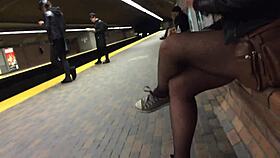 sexy pantyhose legs flash nylon stockings on public street tease