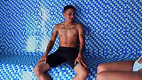 big ass colombian milf kylei ellish rides young guy doggystyle in public sauna cumshot finish