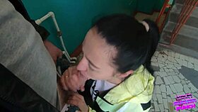 Risky public staircase blowjob with swallow 😲💦