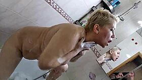 Mature housewife goes crazy masturbating with dildo then deepthroats cock in bathroom