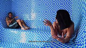 big ass colombian milf kylei ellish rides young guy doggystyle in public sauna cumshot finish