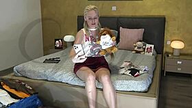 sexy big tits blonde in heels strokes massive cock clothed till he drips precum