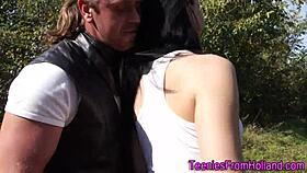 oh yeah biker teen takes that monster cock doggystyle bent over outdoors cum covered