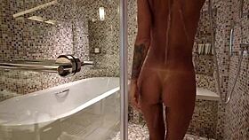 Stunning blonde milf Monika Fox strips naked for steamy shower tease