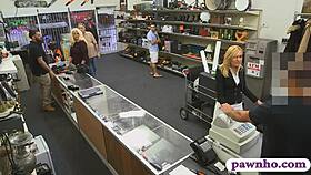 hot blonde milf deepthroats and gets nailed hard at pawnshop counter