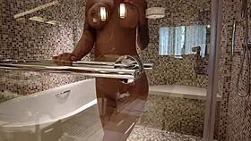 Stunning blonde milf Monika Fox strips naked for steamy shower tease