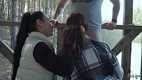 we sucked him dry together on vacation - public threesome blowjob!