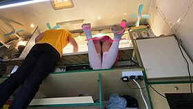 hidden cam catches hot 18 yo brunette slut upskirt pussy flash at work