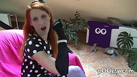 Sexy redhead amateur fucked hard in gloves and lingerie