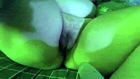 Chubby curvy babe rubs dildo on plump pussy lips clit in bedroom