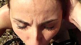 amateur babe drops to knees for pov blowjob then begs for wild forest facial cumshot