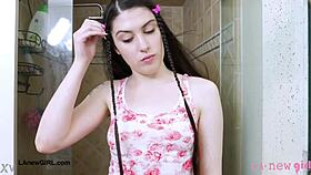 Cute Brunette Long Hair Enjoys Steamy Shower After Casting Interview