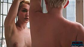 sky blue's huge natural tits bounce as curvy blonde milf strips everything