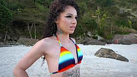 Exotic Brazilian Bruna Santos endures public beach DAP anal fucking huge gape in front of crowd