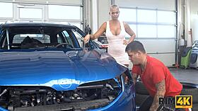 chesty milf rims mechanic in heels then gets garage ass licked wild
