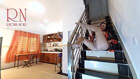 housewife in pantyhose strips naked in kitchen pretending maid cooks to orgasm