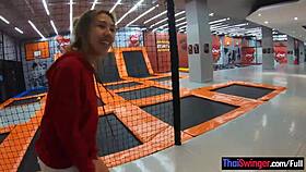 thai milf bounces on trampoline then gets fucked doggystyle pov