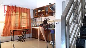 housewife in pantyhose strips naked in kitchen pretending maid cooks to orgasm