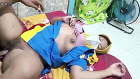 cosplay employee bent over for intense doggystyle pounding with big natural tits bouncing