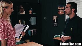 skinny young student cornered by janitor in empty classroom