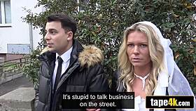 debt collector pounds tanned blonde bride while husband watches furious