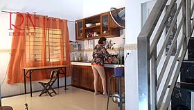 housewife in pantyhose strips naked in kitchen pretending maid cooks to orgasm