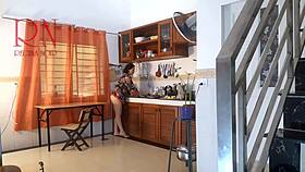 housewife in pantyhose strips naked in kitchen pretending maid cooks to orgasm