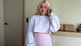 College classmate in leggings bends over, takes creampie doggystyle in tight wet pussy closeup.