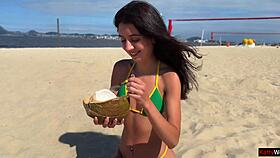 Fucking skinny Brazilian brunette on holidays in Rio, bent over bedroom POV cowgirl to swallow cum.