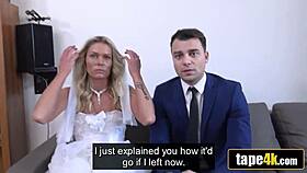 debt collector pounds tanned blonde bride while husband watches furious