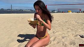 Fucking skinny Brazilian brunette on holidays in Rio, bent over bedroom POV cowgirl to swallow cum.