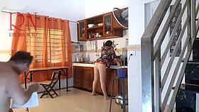 housewife in pantyhose strips naked in kitchen pretending maid cooks to orgasm