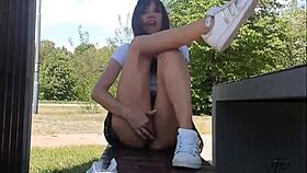Girlfriend flashes her wet pussy publicly for outdoor thrill