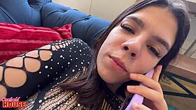 horny girl masturbates to porn then fucks two guys hard