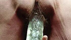 my hairy granny pussy gets stuffed deep with huge dildo toy