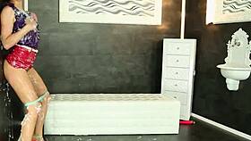 Euro brunette teases gloryhole before bukkake explosion in HD