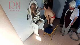 yo hidden cam catches barber making curvy lady strip nude for wild haircut nudism vibes