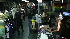 bound slave humiliated and fucked hard in public boutique by dominant group